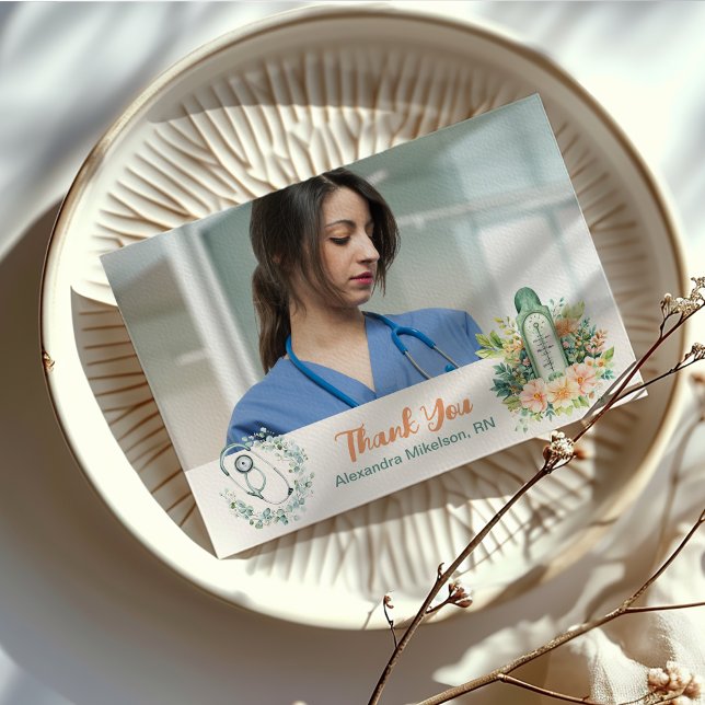 Carte De Remerciements Boho Green Photo Aquarelle École de soins infirmie (Créateur téléchargé)