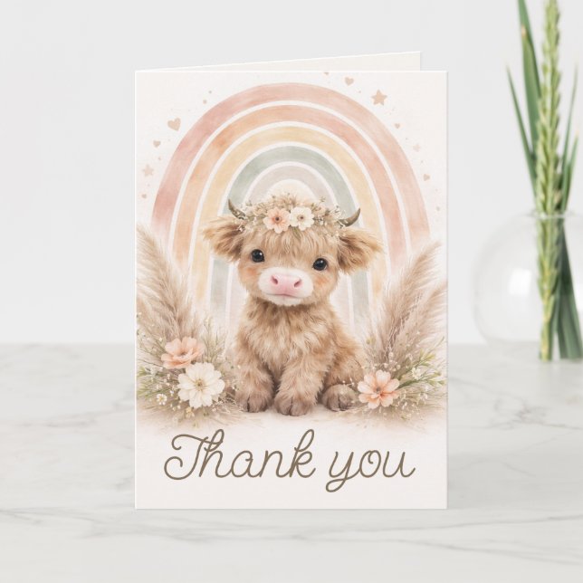Carte De Remerciements Boho Highland Cow Rainbow Baby Shower Blank (Devant)