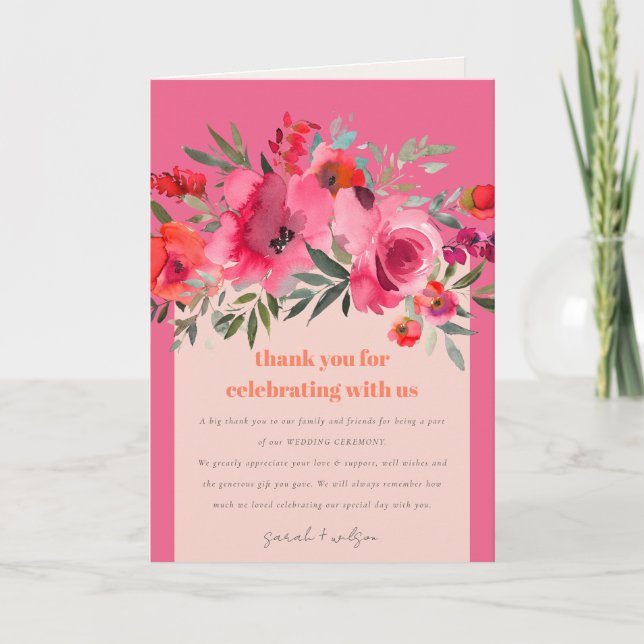 Carte De Remerciements Boho Hot rose orange aquarelle Mariage floral (Devant)