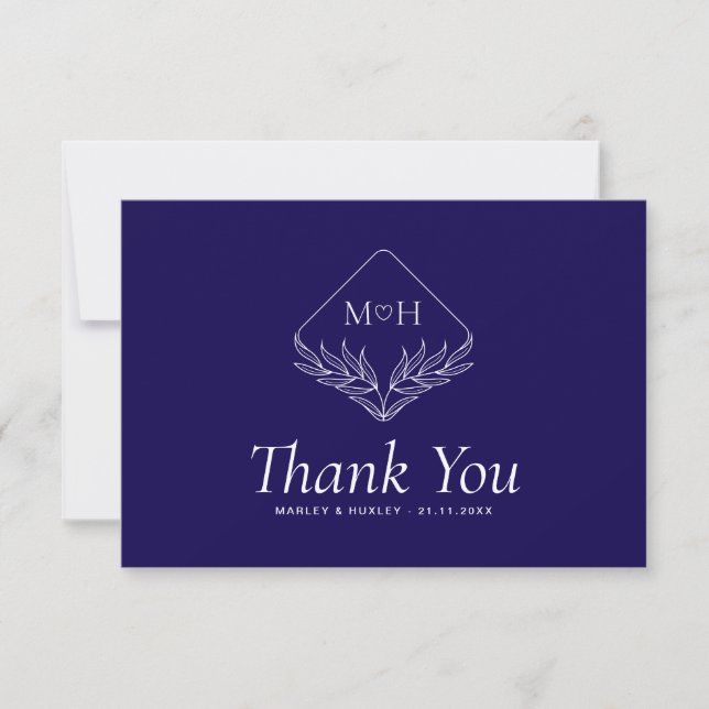 Carte De Remerciements Boho Leaf Monogramme Simple Mariage bleu et blanc (Devant)