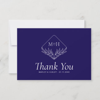 Carte De Remerciements Boho Leaf Monogramme Simple Mariage bleu et blanc