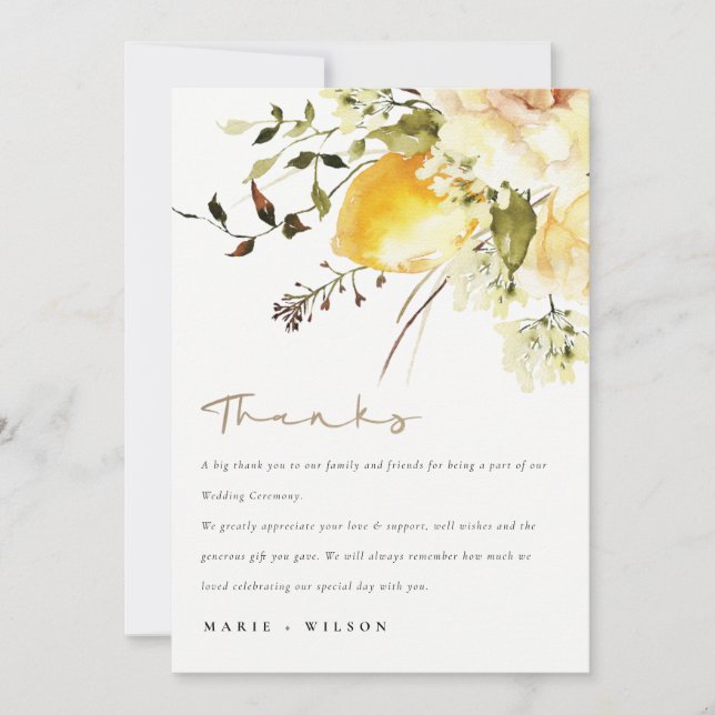 Carte De Remerciements Boho Lemon Aquarelle jaune Mariage floral (Devant)