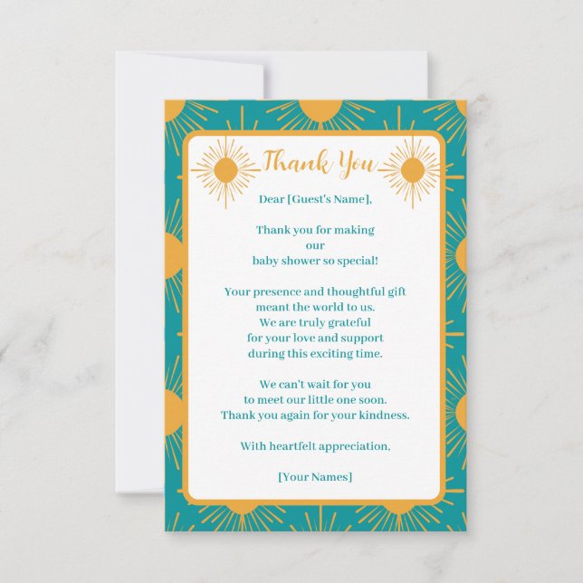 Carte De Remerciements Boho Little Ray of Sun Baby shower Turquoise (Devant)