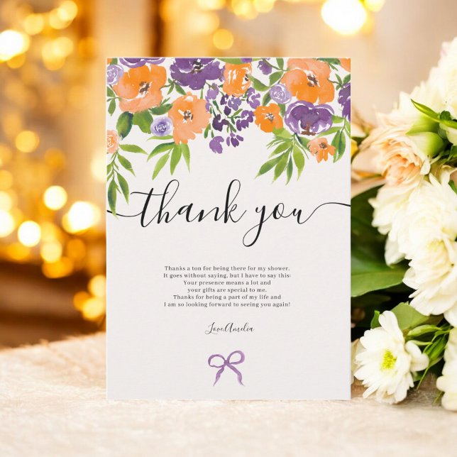 Carte De Remerciements Boho Mariage Fleurs Aquarelle Violet Orange Fête d (Boho Purple Orange Floral Watercolor Bridal Shower Thank You Card)