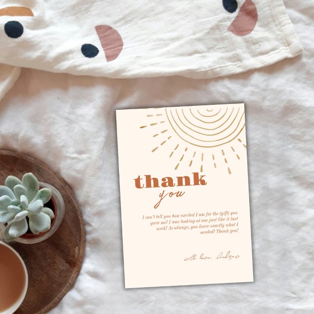Carte De Remerciements Boho Moderne Ici Vient Le Baby shower Fils (Modern Boho Here Comes The Son Baby Shower Thank You Card)