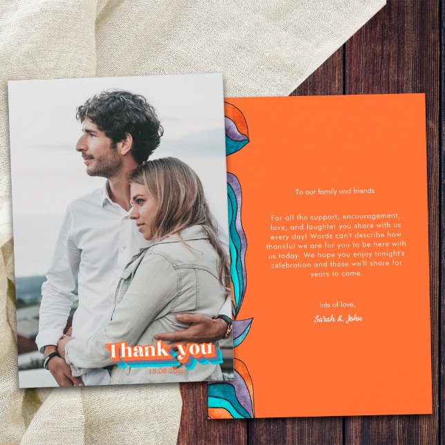 Carte De Remerciements Boho Moderne Rétro Orange Violet Typographie Ondul (Front and Back)