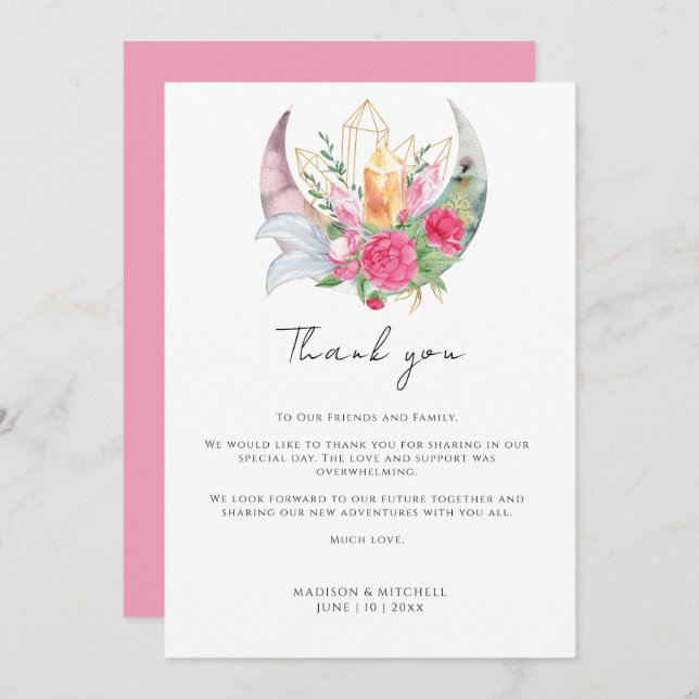 Carte De Remerciements Boho Moon Crystals Plumes rose Fleurs Mariage (Devant / Derrière)