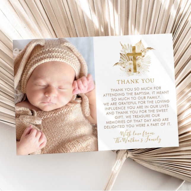 Carte De Remerciements Boho Neutral Floral Baptême Christening Photo (Boho Neutral Floral Thank You Card with Photo | No photo option available + other matching items)