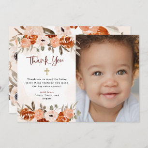 Carte De Remerciements Boho orange rustique   Aquarelle photo Baptême