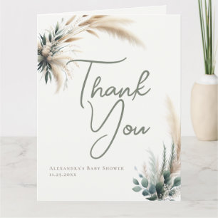 Carte De Remerciements Boho Pampas Vert Calligraphie Chic Baby shower