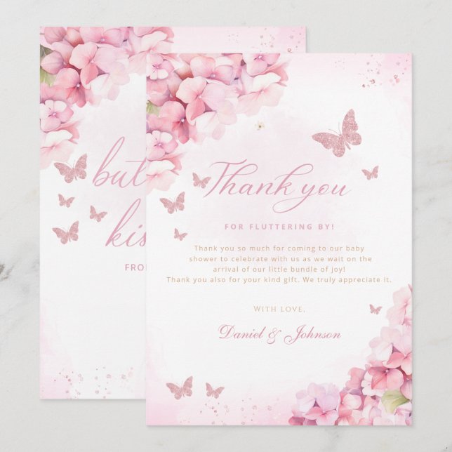Carte De Remerciements Boho Pink Butterfly embrasse Floral Girl Baby show (Devant / Derrière)