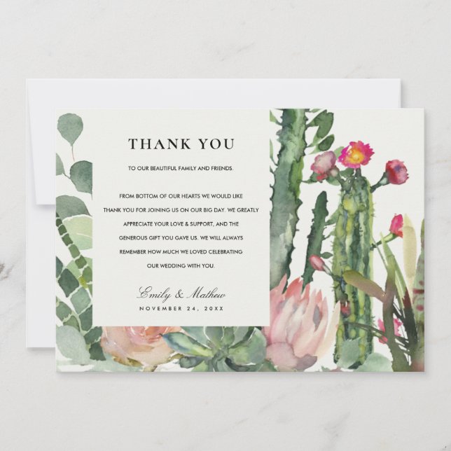 CARTE DE REMERCIEMENTS BOHO PINK DESERT CACTUS MARIAGE D'EAU FLORALE (Devant)