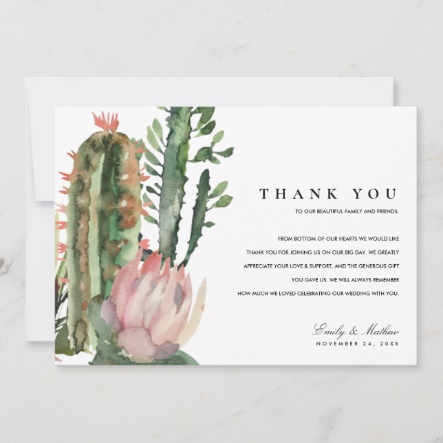 CARTE DE REMERCIEMENTS BOHO PINK DESERT CACTUS MARIAGE D'EAU FLORALE (Devant)