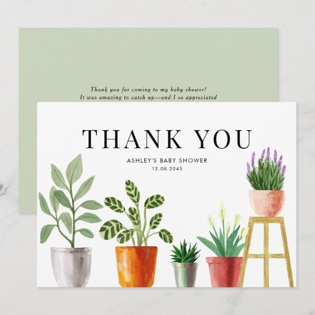 Carte De Remerciements Boho Plantes en Pot Peintes à l'Aquarelle pour Bab (Devant / Derrière)