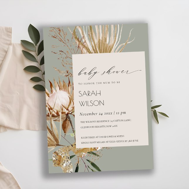 Carte De Remerciements Boho Protea séché Palm Floral Baby shower Invitati (Créateur téléchargé)