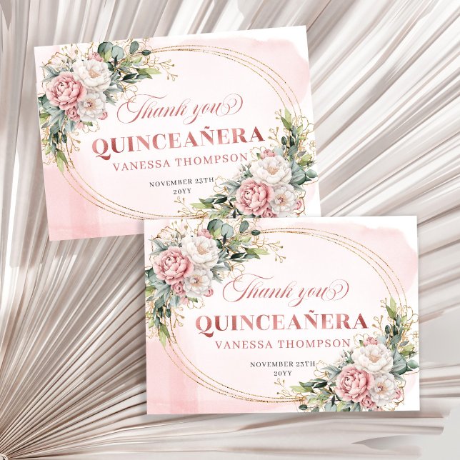 Carte De Remerciements Boho Quinceañera Thank You Card Rose Gold Flowers (Boho Quinceañera Thank You Card with Rose Gold Flowers)