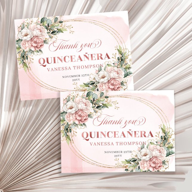 Carte De Remerciements Boho Rose Gold Blush Floral Greenery Mis Quince  (Boho Rose Gold Blush Floral Greenery Mis Quince Thank You)