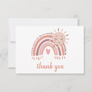 Carte De Remerciements Boho Rustic Rainbow & Baby shower Sun pour fille