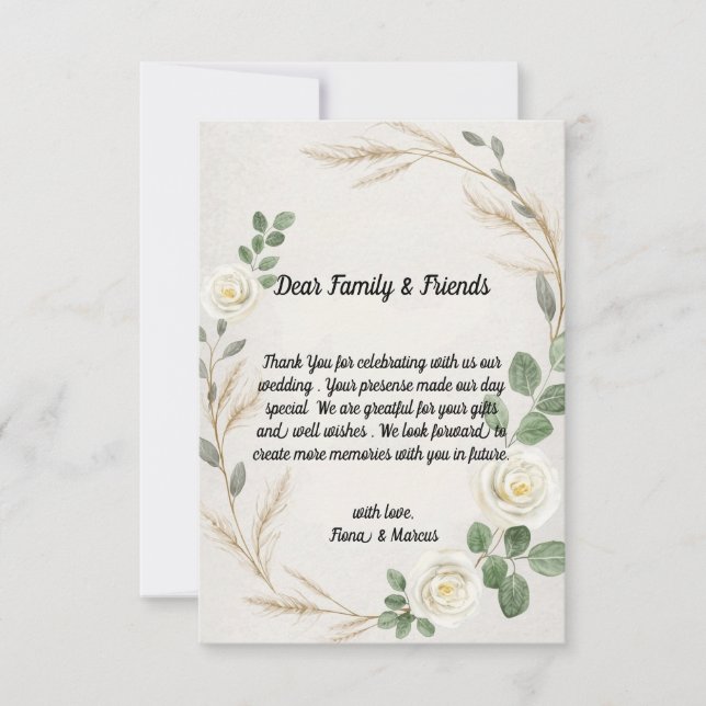 Carte De Remerciements Boho Rustique classique Roses & Pampas Mariage en  (Devant)