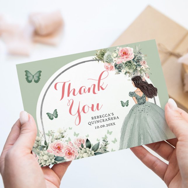 Carte De Remerciements Boho Sage Green Floral Princesse Quinceañera (Créateur téléchargé)