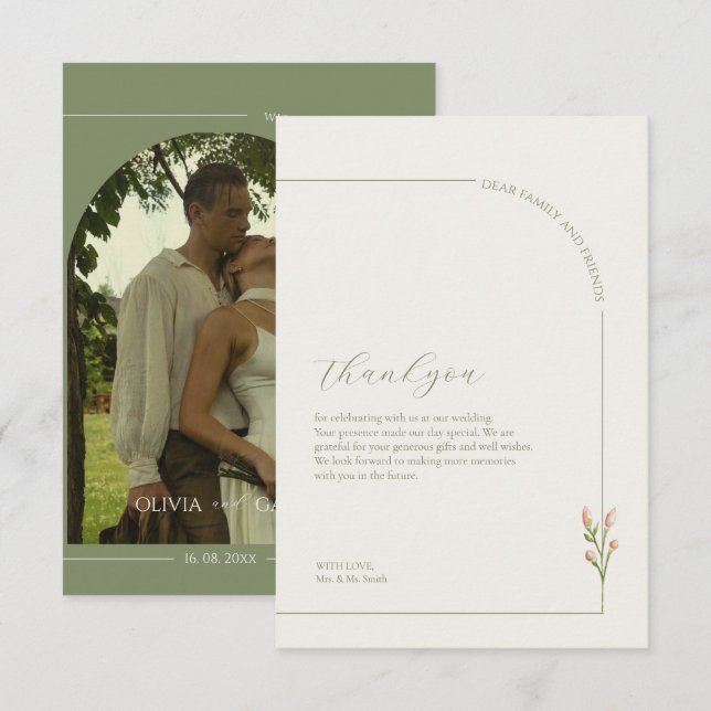 Carte De Remerciements Boho Sage Green & Linen Arches Minimalist Photo  (Devant / Derrière)