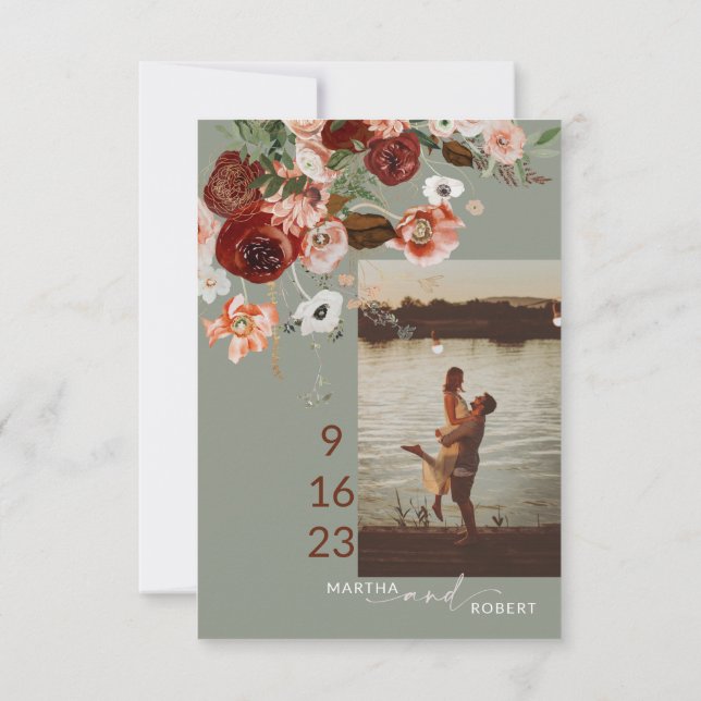 Carte De Remerciements Boho Save the Date Card with Photo Terracota Sage (Dos)