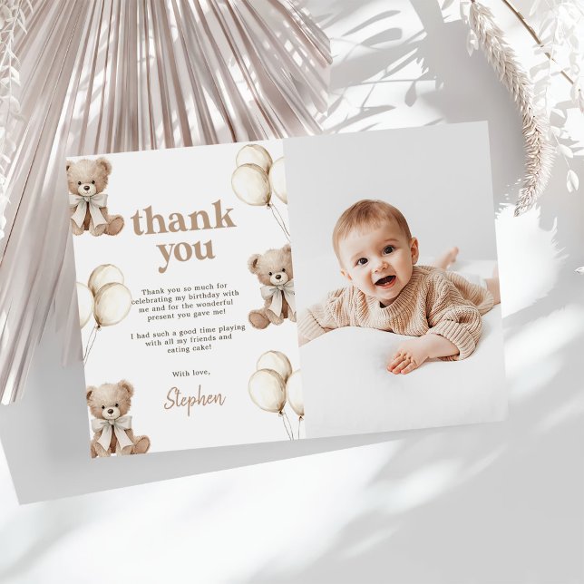 Carte De Remerciements Boho Teddy Bear Beary First 1st Birthday Photo (Créateur téléchargé)