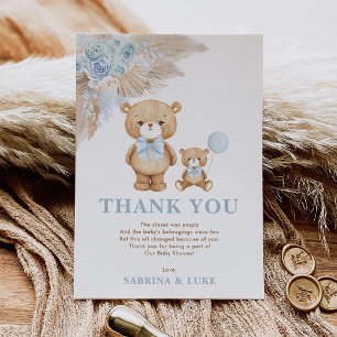 Carte De Remerciements Boho Teddy Bear Dusty Blue Floral Baby Boy