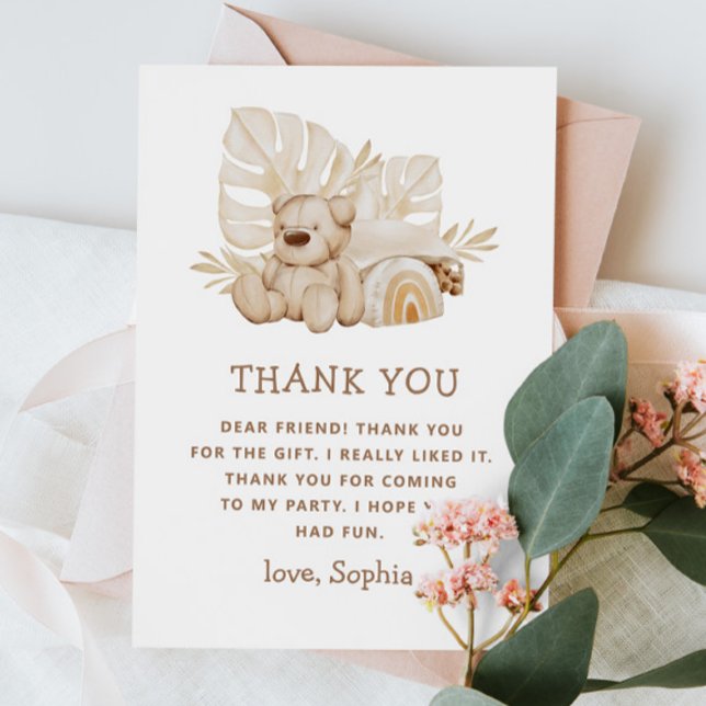 Carte De Remerciements Boho Teddy Bear | Parti Anniversaire de enfant dou (Créateur téléchargé)