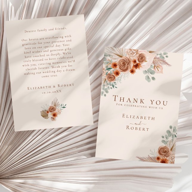Carte De Remerciements Boho Terracotta Floral Pampas Mariage (Boho Terracotta Floral Pampas Grass Wedding Thank You Card on a sunny neutral dry palm leaf.)
