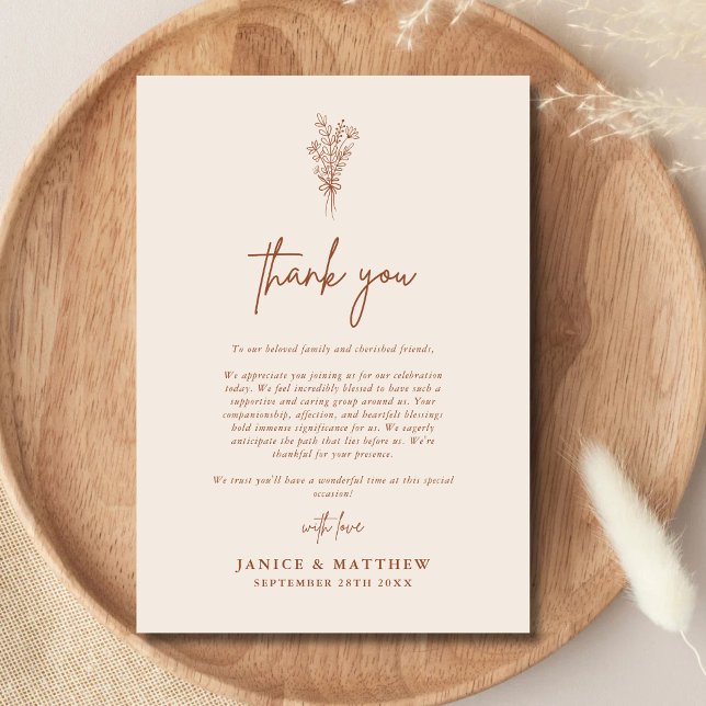 Carte De Remerciements Boho Terracotta Orange Brûlé Mariage Rustique (Terracotta burnt orange rustic thank you card conveys heartfelt gratitude with warm, personal charm)