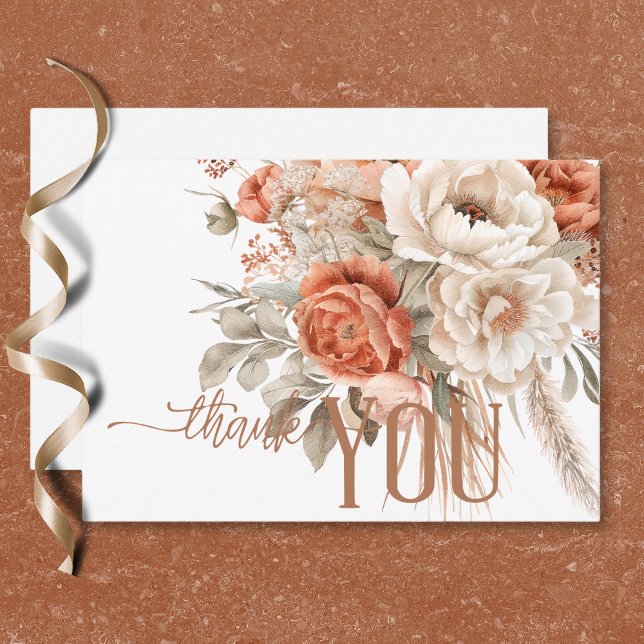 Carte De Remerciements Boho Terracotta Pêche & Crème Floral Blanc Mariage (Boho Terracotta Peach & Cream Floral White Wedding Thank You Card)