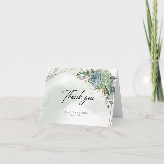 Carte De Remerciements Boho vert poussiéreux succulents eucalyptus cadre  (Devant)