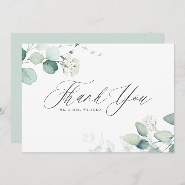 Carte De Remerciements Boho Watercolor Eucalyptus Feuille Mariage (Devant / Derrière)