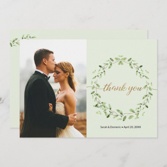 Carte De Remerciements Boho Watercolor feuilles couronne Printemps mariag (Devant / Derrière)