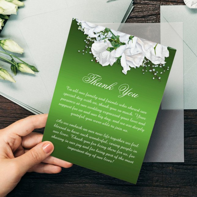 Carte De Remerciements Boho White Roses et Elegant Mariage Vert (Créateur téléchargé)