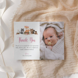 Carte De Remerciements Bois animal rose pastel Baby shower floral