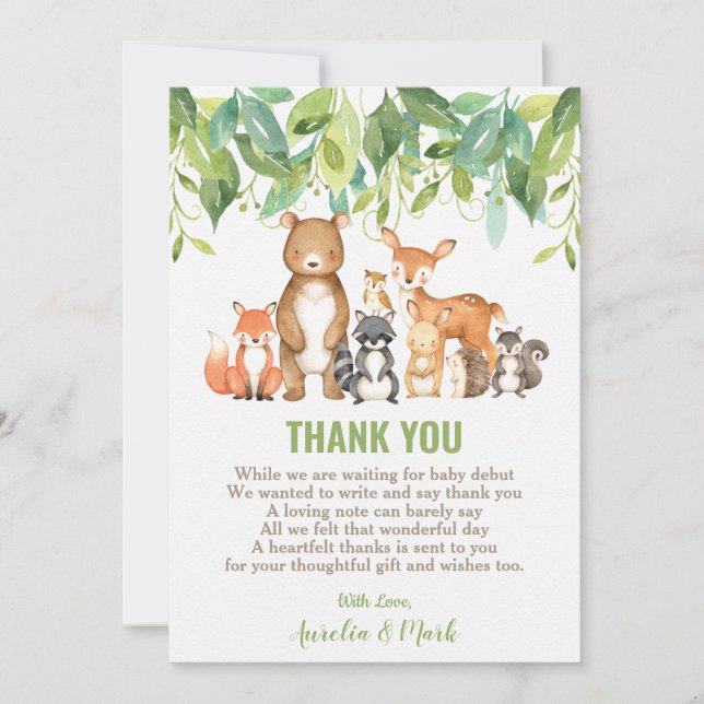Carte De Remerciements Bois Animaux Baby shower Forêt Garçon Neutre (Devant)