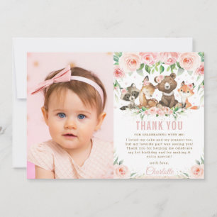 Carte De Remerciements Bois Animaux Blush Floral 1er Anniversaire Photo