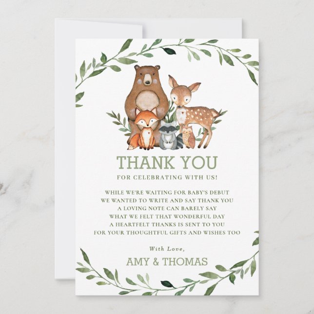 Carte De Remerciements Bois Animaux Forêt Verdure Baby shower Chic (Devant)