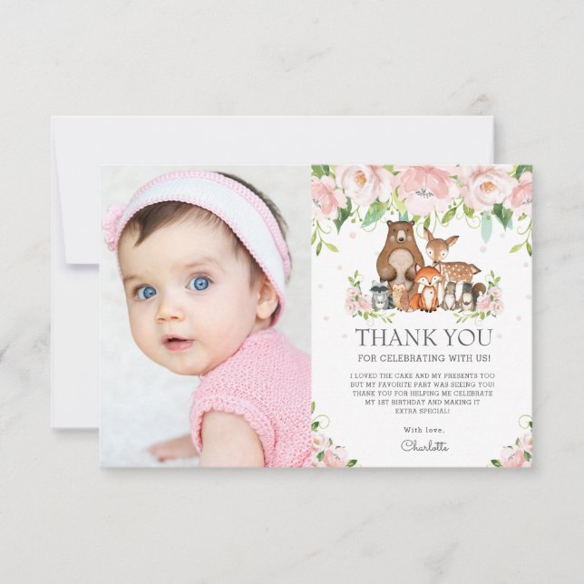 Carte De Remerciements Bois Animaux Rose Blush Floral 1er anniversaire (Devant)