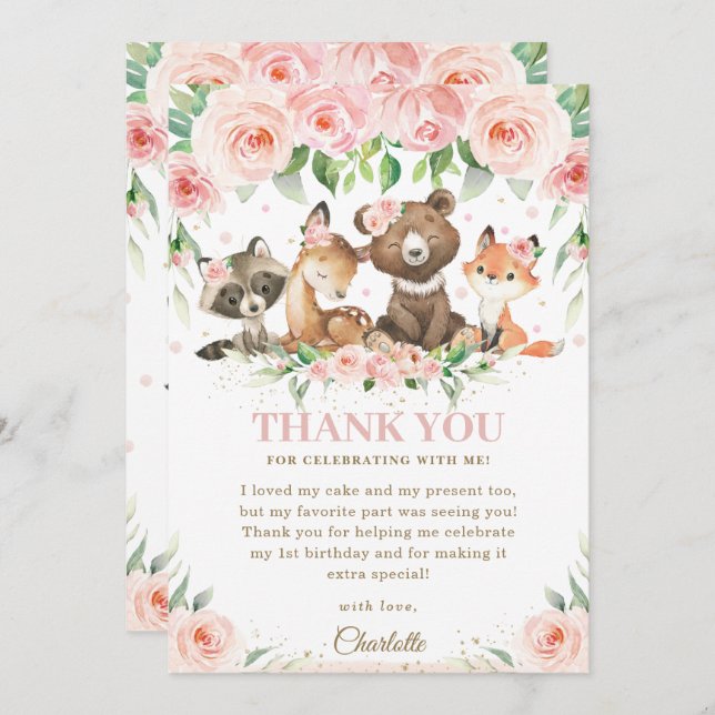 Carte De Remerciements Bois Animaux rose Floral Baby shower d'anniversair (Devant / Derrière)