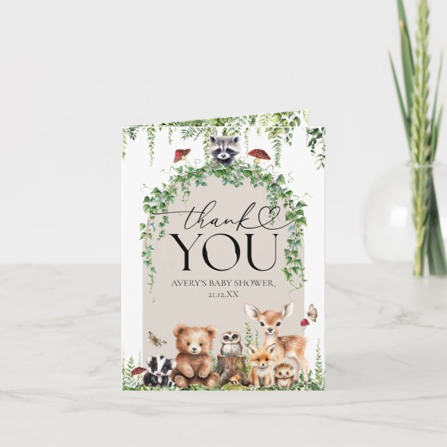 Carte De Remerciements Bois Animaux Végétation Champignons Baby shower (Devant)