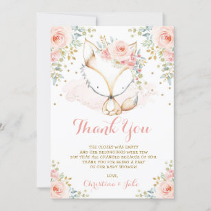 Carte De Remerciements Bois Fox Blush or Floral Girl Baby shower