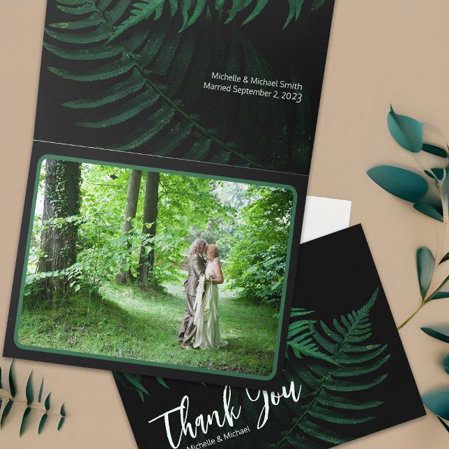 Carte De Remerciements Bois Mariage Green Forest Ferme Nature Photo (Woodland fern wedding photo thank you note cards, elegant black and green botanical)
