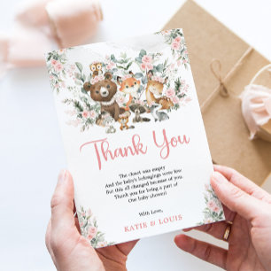 Carte De Remerciements Bois rose Floral Animaux Baby shower vert