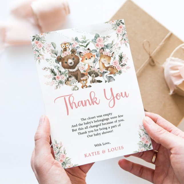 Carte De Remerciements Bois rose Floral Animaux Baby shower vert (Créateur téléchargé)