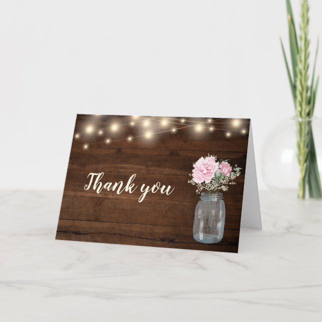Carte De Remerciements Bois rustique Chaîne Lumière Mason Jar Floral (Devant)