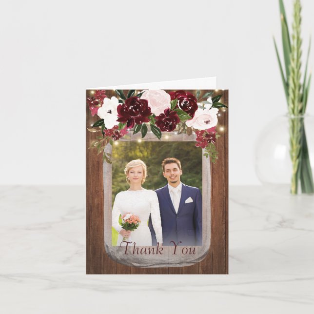 Carte De Remerciements Bois rustique Floral Mason Jar Photo Mariage (Devant)