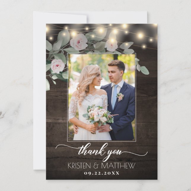 Carte De Remerciements Bois rustique illumine Boho Green Mariage photo (Devant)